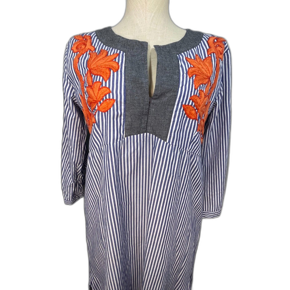 Roller Rabbit Striped Embroidered Maxi Dress Blue White Boho Kaftan Resort L